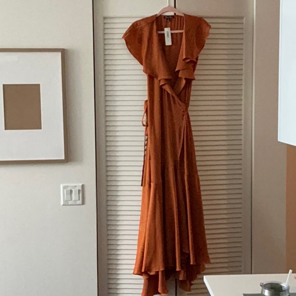 Brown Orange High Low Sundress with Cowl Neck and Flutter Sleeves
